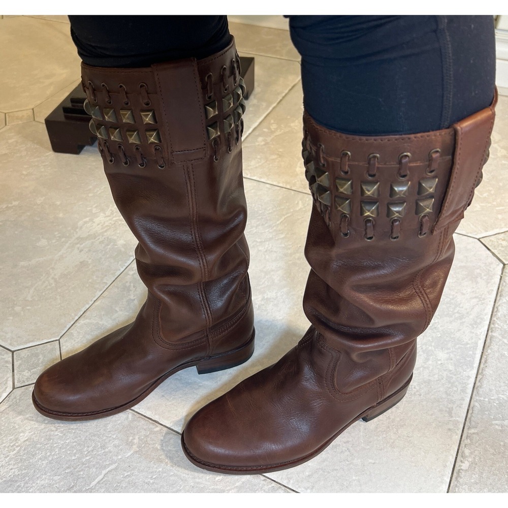 SENDRA GOODYEAR WELTED Brown WIDE CALF Leather Boots w/Bronze Studs 7M/8 SPAIN